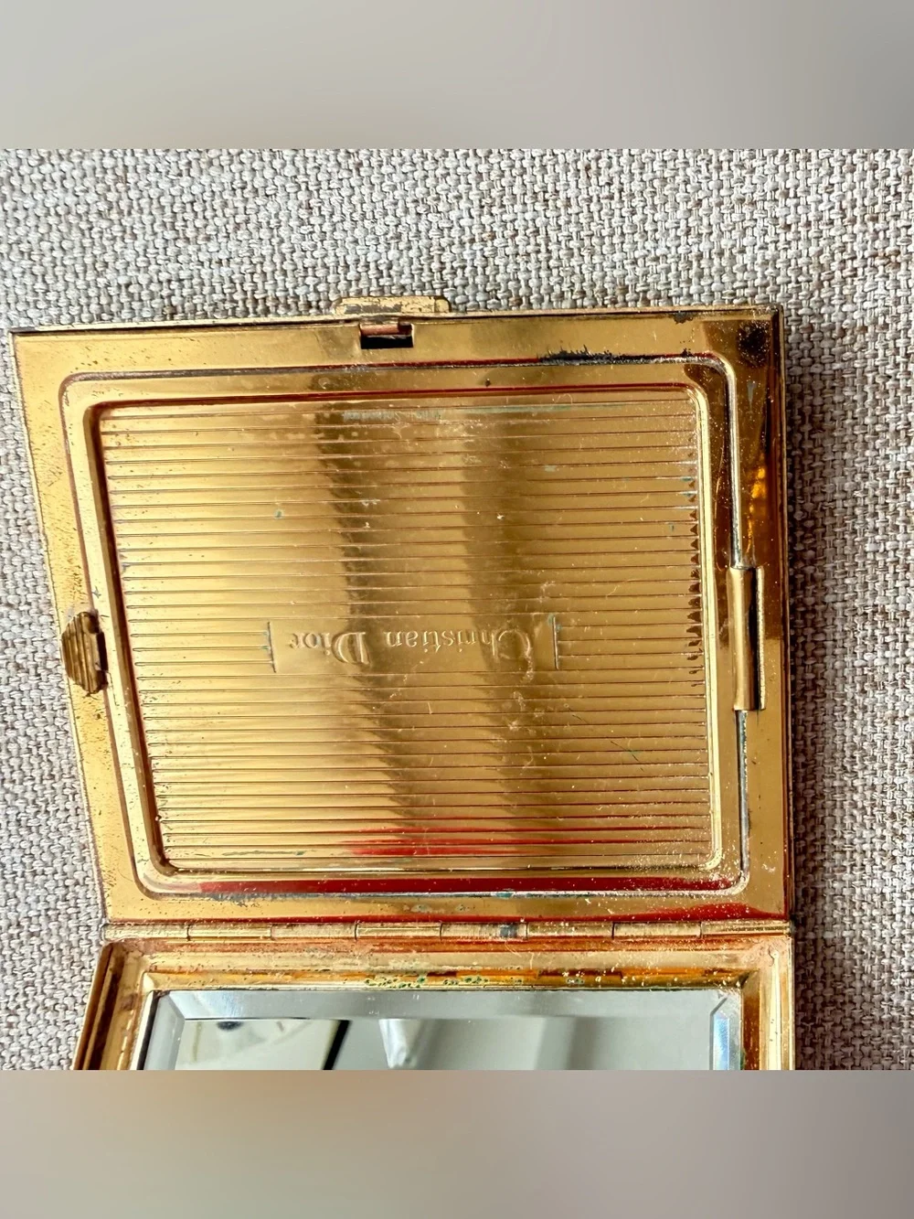 Vintage 1960s Christian Dior Swiss Made Powder Compact Gold Basketweave Mesh